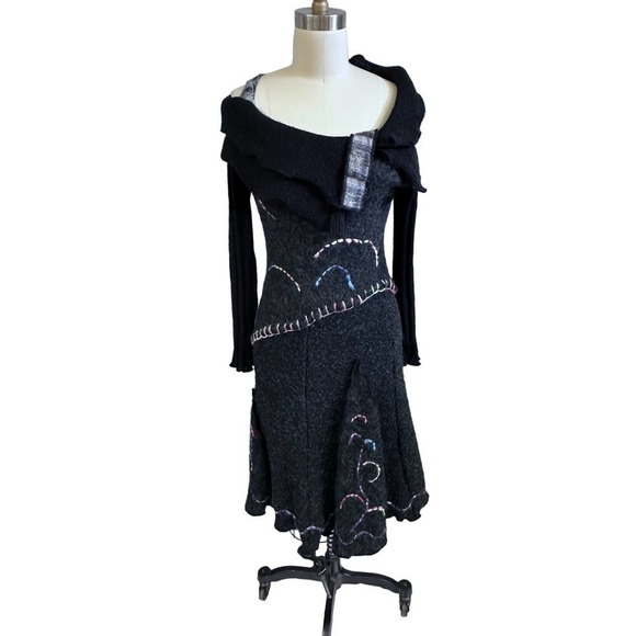 VTG GRIFFLIN Paris, Sweater Dress Whimsey Goth Fairy Core Boho. S Black/Grey - Picture 1 of 8